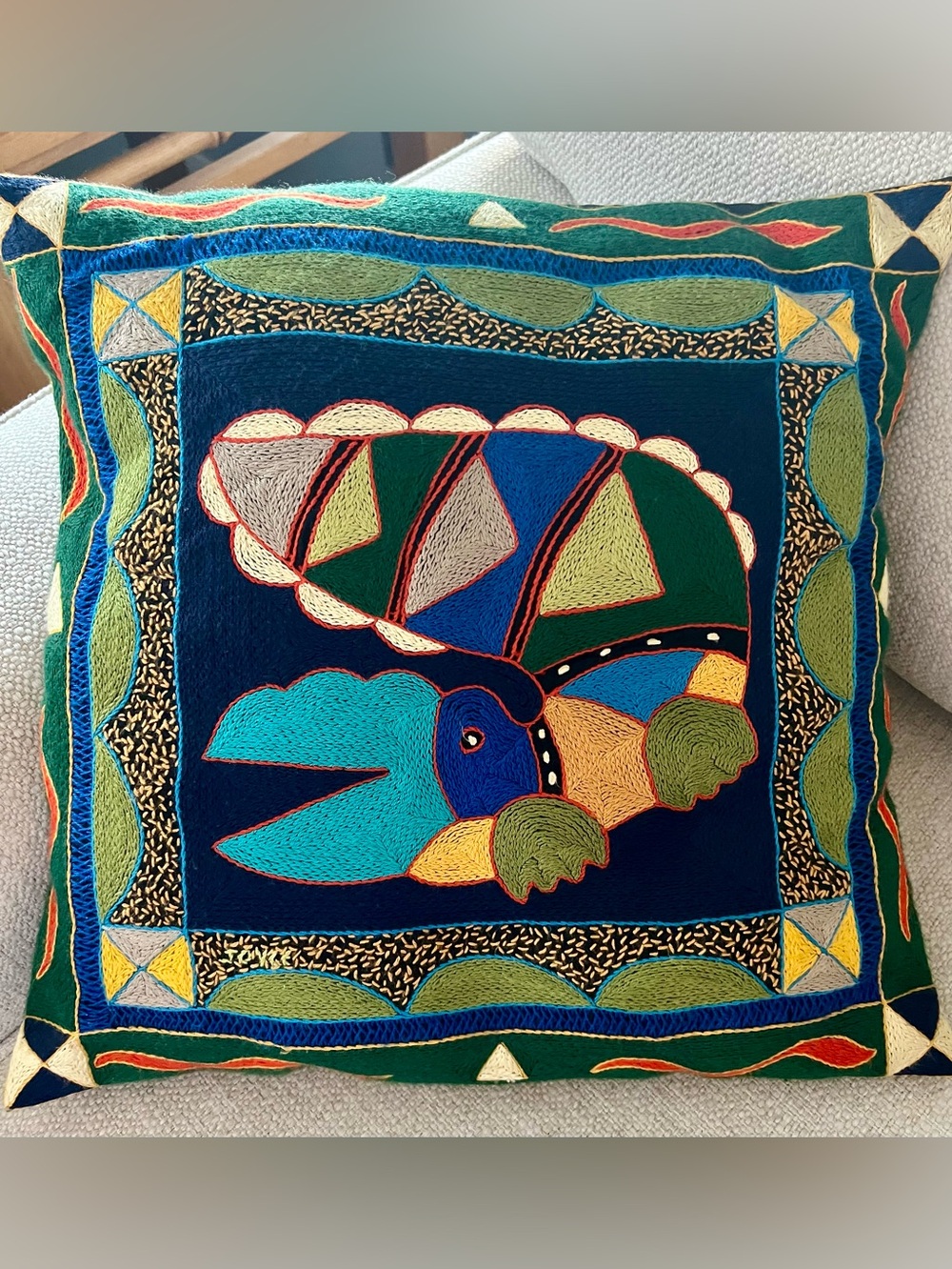 African Express Embroidered Cotton Pillows Covers Set of 2 Bird/Croc, signed.